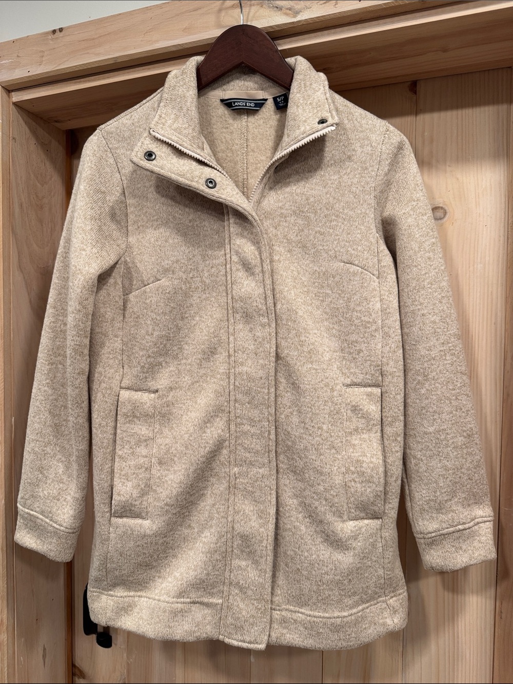 Lands' End Women’s Sweater Fleece Coat - S Petite - Oatmeal Tan Heather
